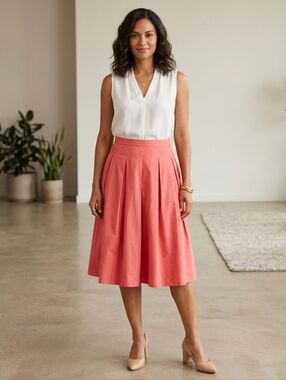 Talbots Skirt Midi Size 8 Coral Spring Cotton Blend